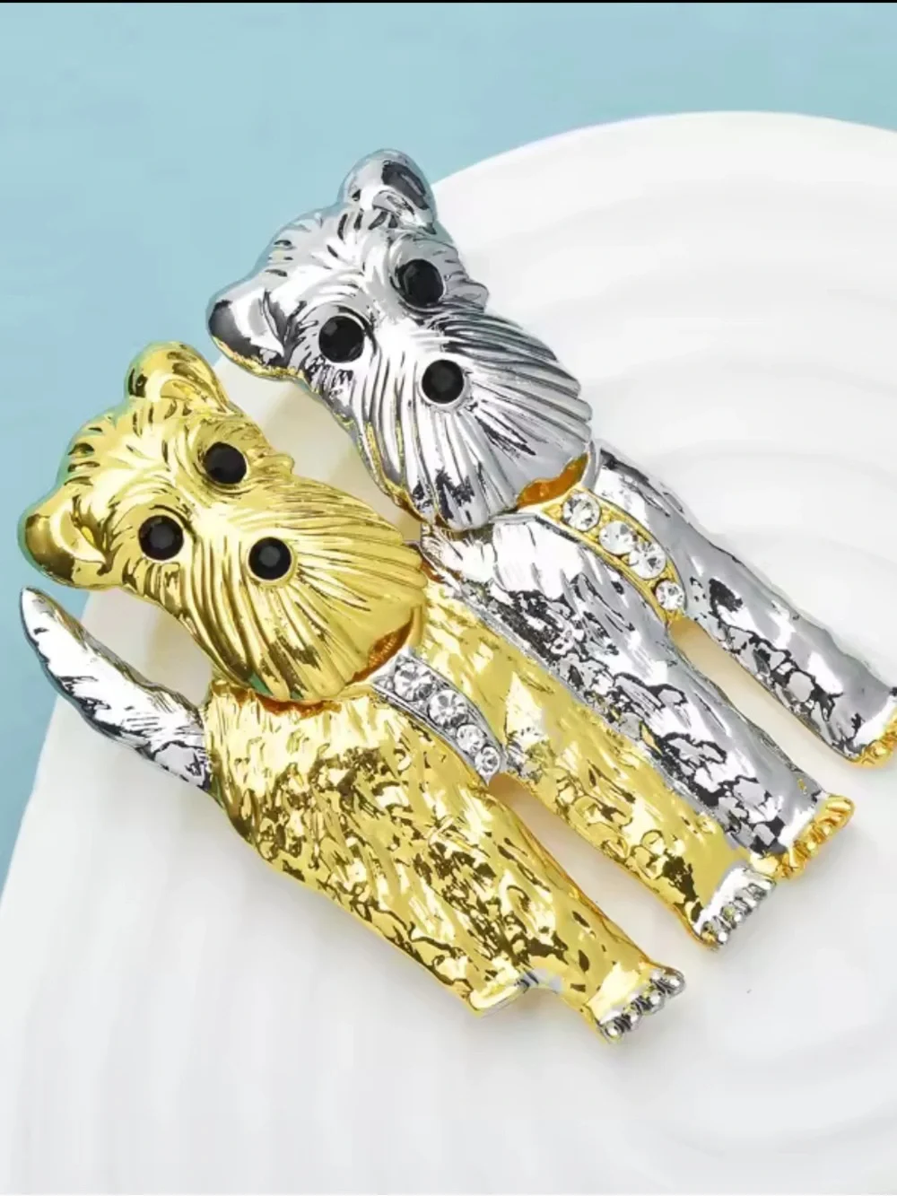 Cute Terrier Dog Gold & Silver Crystal Puppy Statement Brooch